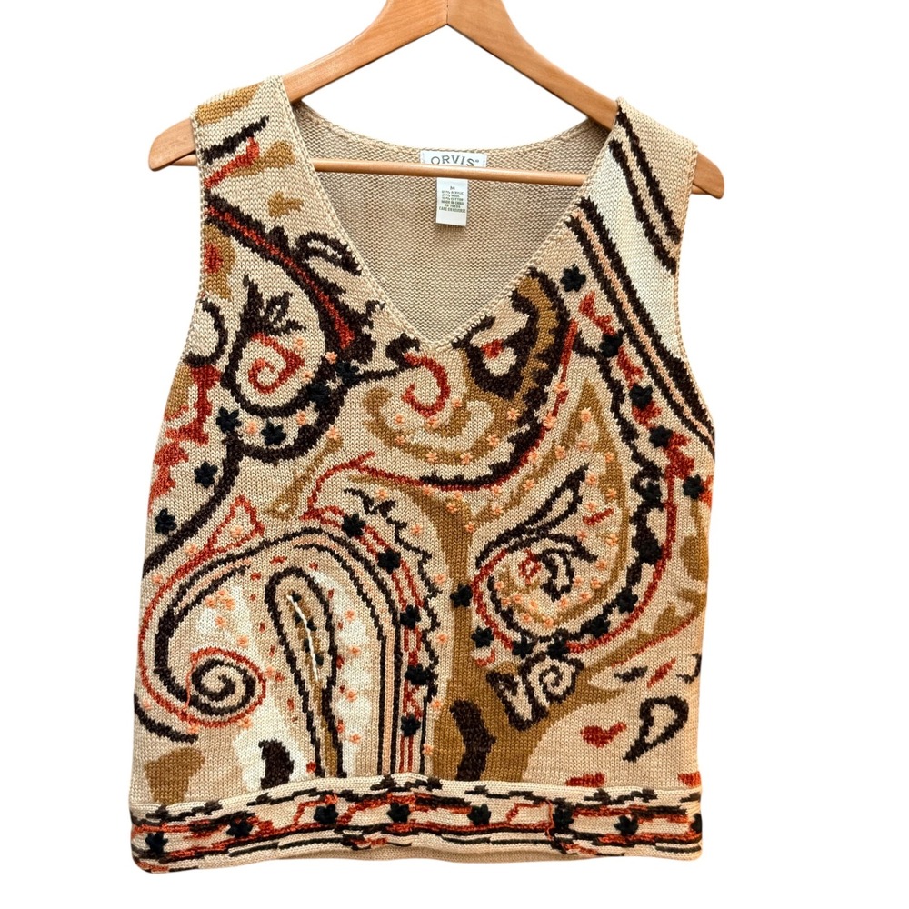 Orvis Sweater Vest Womens Medium Tan Paisley Wool Blend V-Neck Boho Intarsia